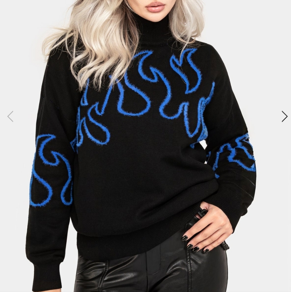 Disturbia Flame Sweater,Goth Sweater, Black Flame Sweater, Blue Flame - Picture 5 of 9